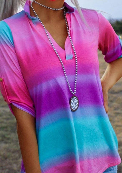 

Blouses Tie Dye Button Tab-Sleeve V-Neck Blouse in Multicolor. Size: ,M,L,XL