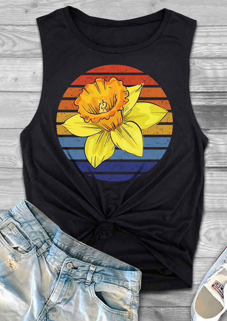 Tank Tops Floral Striped O-Neck Tank Top in Black. Size: S