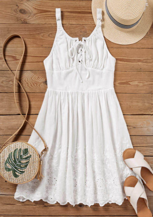 Mini Dresses Lace Up Hollow Out Ruffled Mini Dress in White. Size: L,M,S