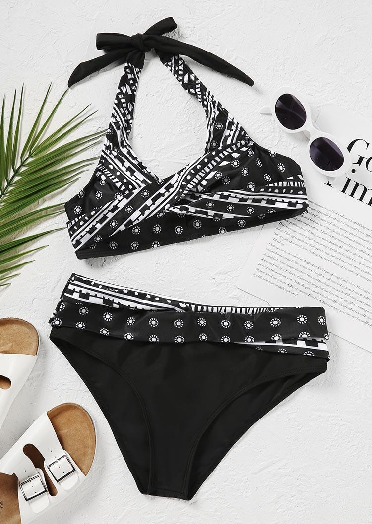 

Bikini Sets Geometric Halter Tie Bikini Set in Black. Size