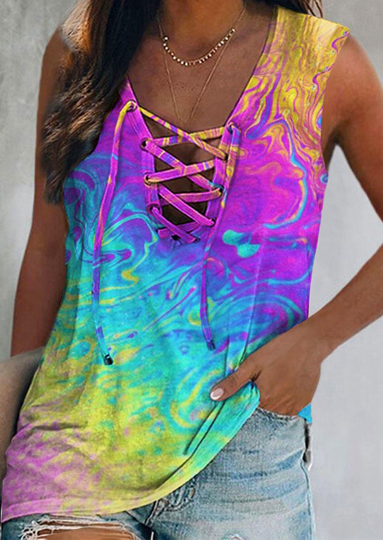 

Tank Tops Tie Dye Lace Up Casual Tank Top in Multicolor. Size