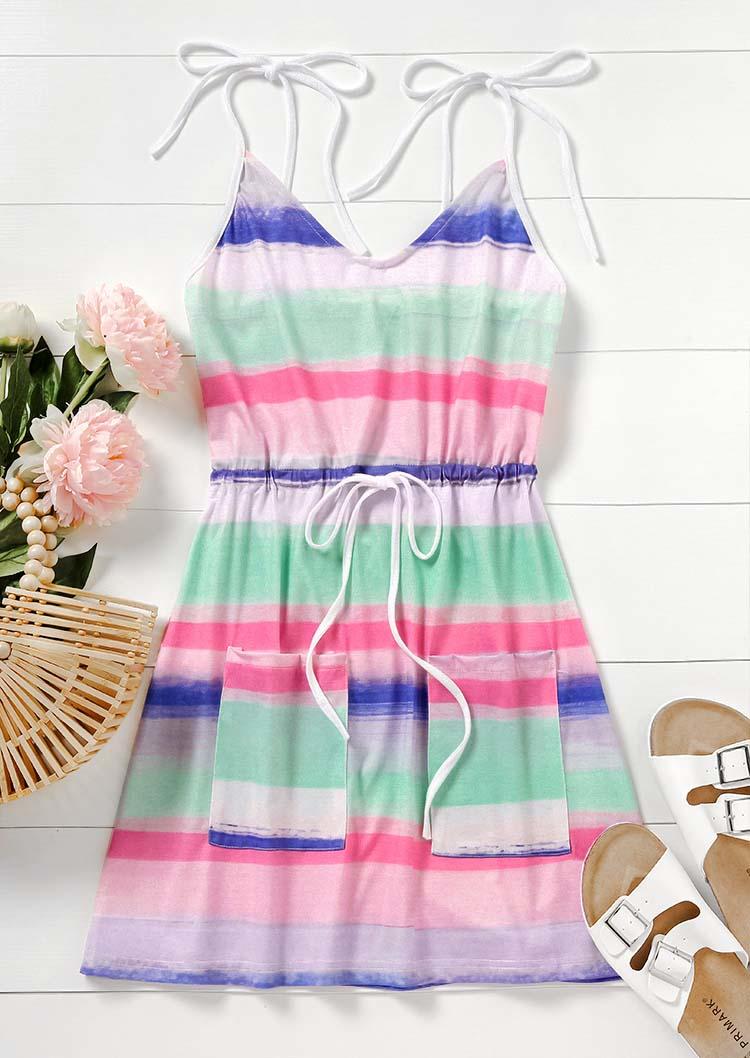Mini Dresses Colorful Striped Pocket Tie Mini Dress in Multicolor. Size: L,XL
