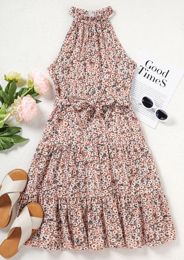 

Mini Dresses Daisy Ruffled Zipper Halter Sleeveless Mini Dress in Multicolor. Size