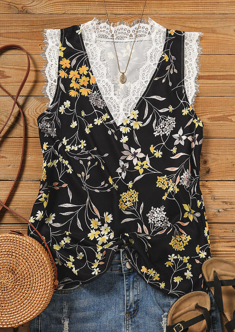 Tank Tops Floral Lace Splicing V-Neck Tank Top in Black. Size: L,M
