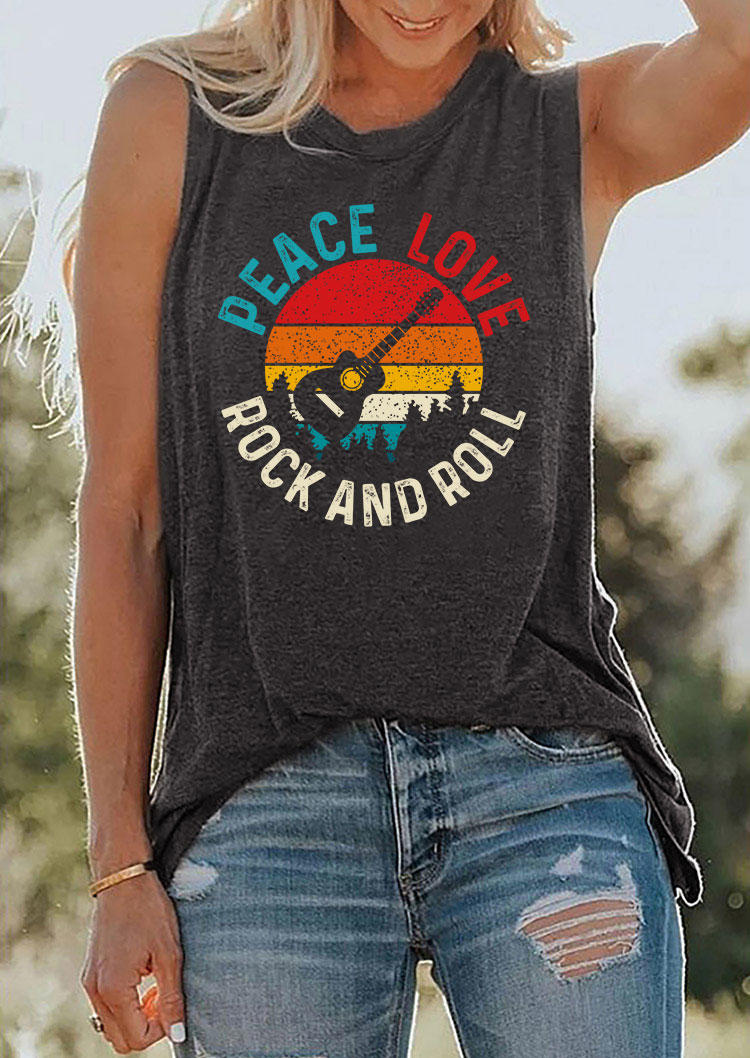 Tank Tops Peace Love Rock And Roll Guitar O-Neck Tank Top - Dark Grey in Gray. Size: L,M,S