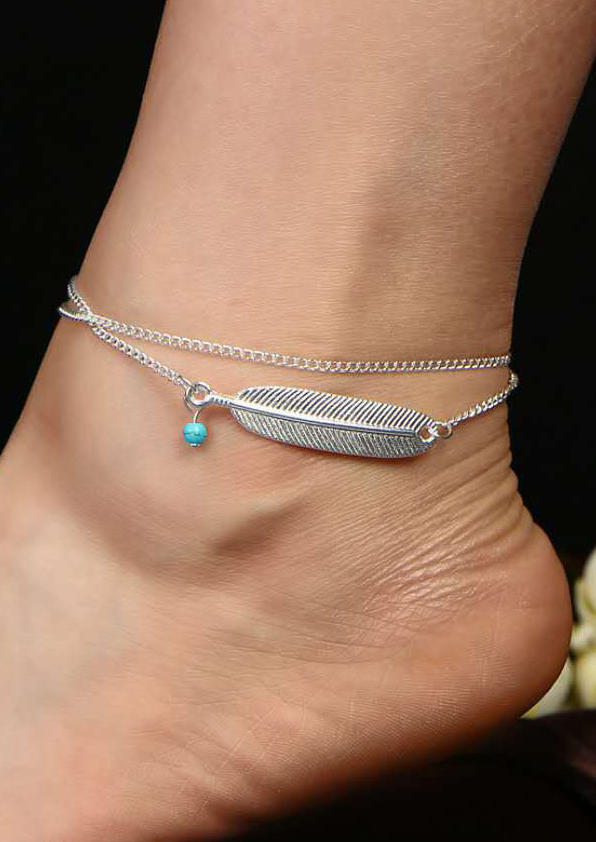 

Body Jewelry Turquoise Feather Double-Layered Anklet in Silver. Size