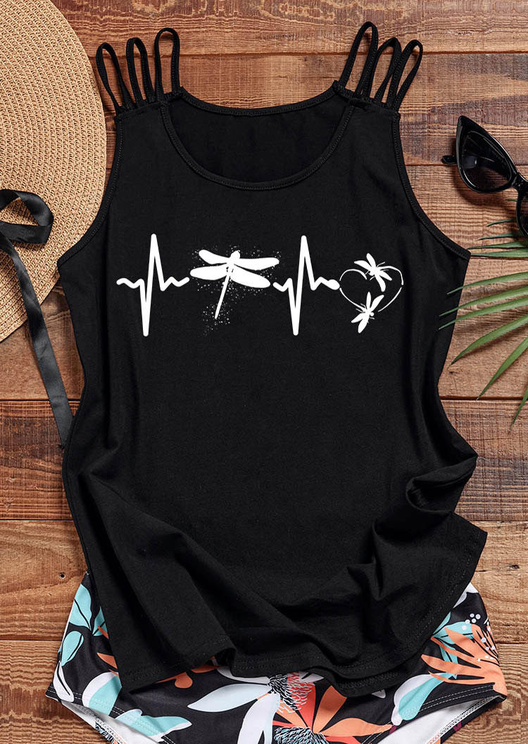 Tank Tops Dragonfly ECG Heartbeat Hollow Out O-Neck Tank Top in Black. Size: XL