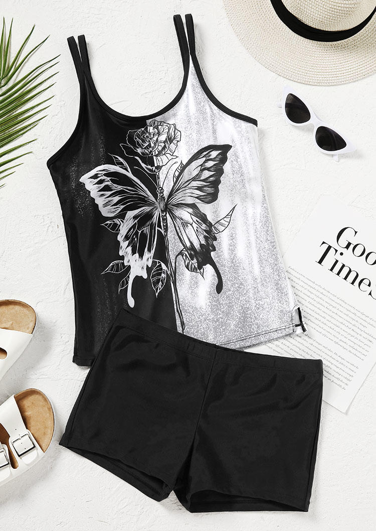 

Tankinis Butterfly Rose Color Block Hollow Out Tankini Set in Black. Size