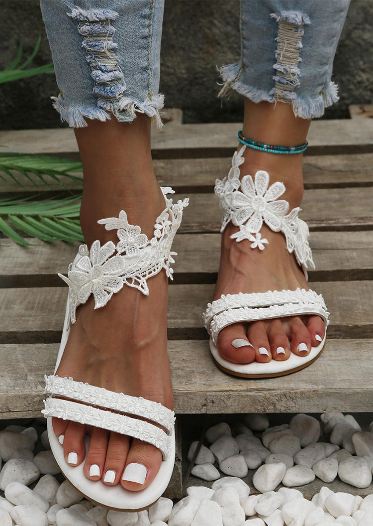 

Sandals Bohemian Lace Floral Slip On Flat Sandals in White. Size