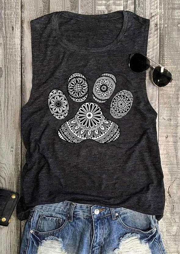 

Tank Tops Floral Paw O-Neck Casual Tank Top - Dark Grey in Gray. Size