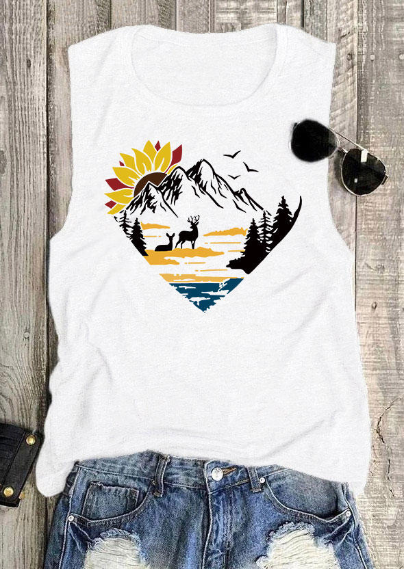 Tank Tops Sunflower Mountain O-Neck Casual Tank Top in White. Size: L,XL
