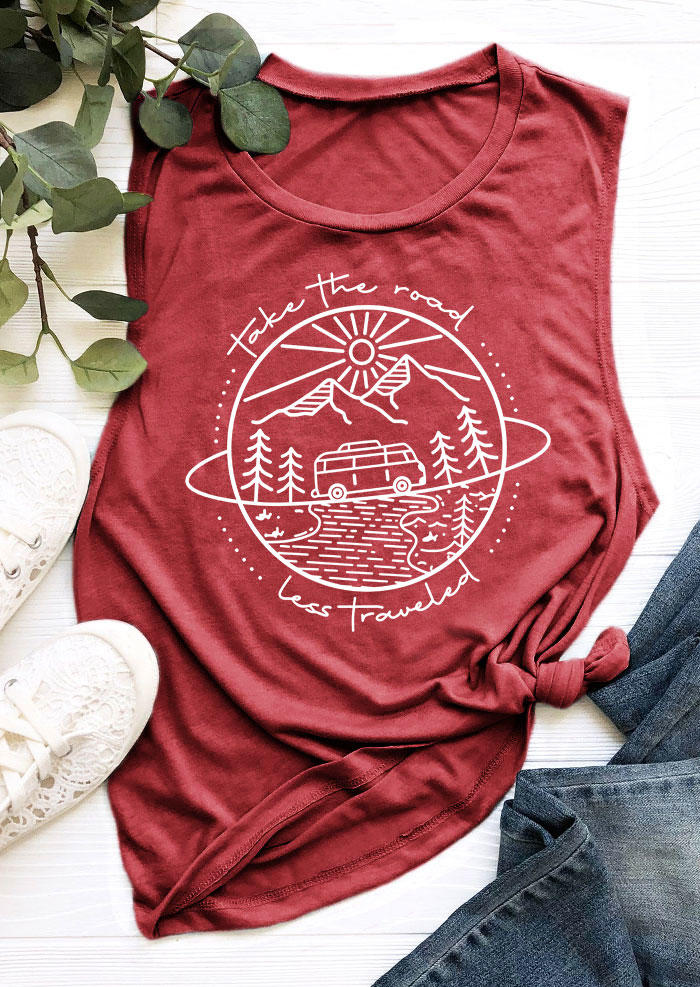 

Tank Tops Take The Road Less Traveled Mountain Tank Top - Brick Red in Red. Size