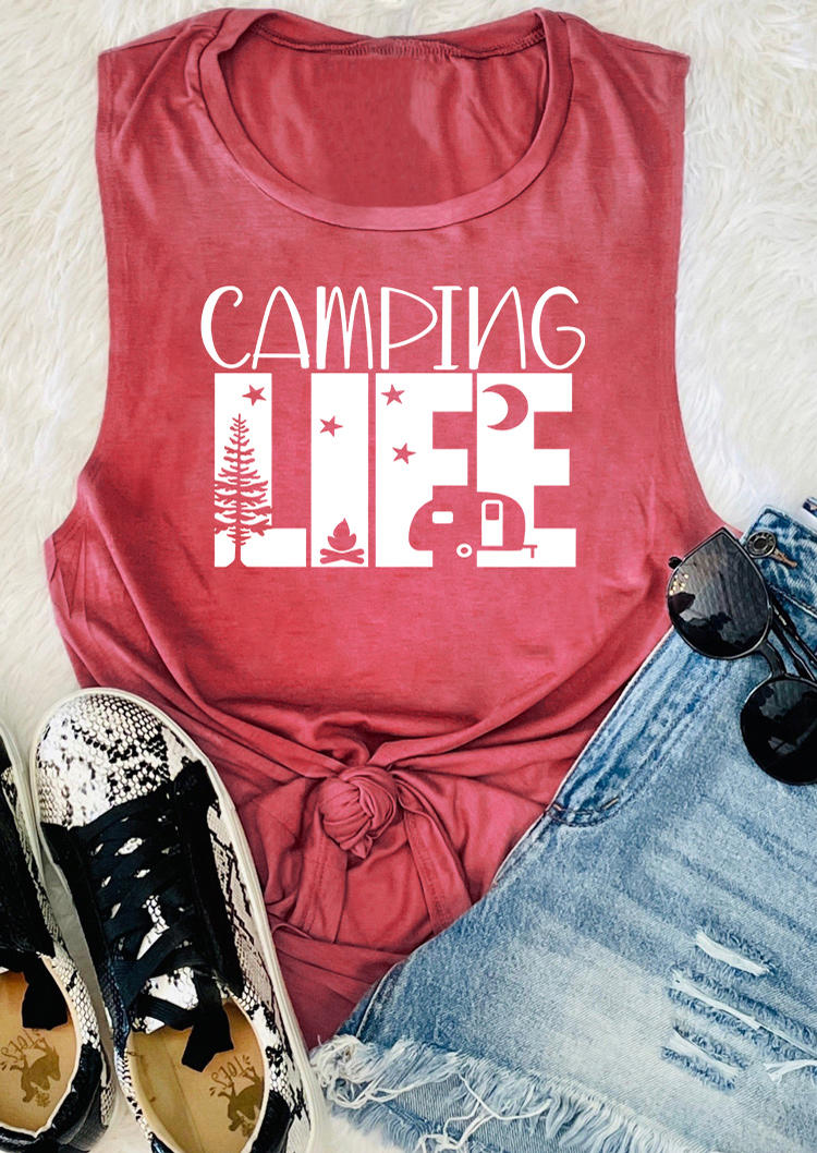 Tank Tops Camping Life O-Neck Tank Top - Brick Red in Red. Size: L,XL