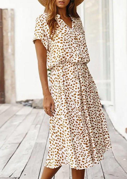 

Midi Dresses Polka Dot Button Turn-Down Collar Tie Midi Dress in White. Size