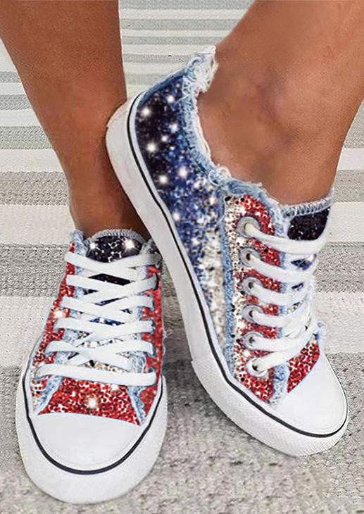 

Sneakers American Flag Glitter Lace Up Frayed Canvas Sneakers in Multicolor. Size