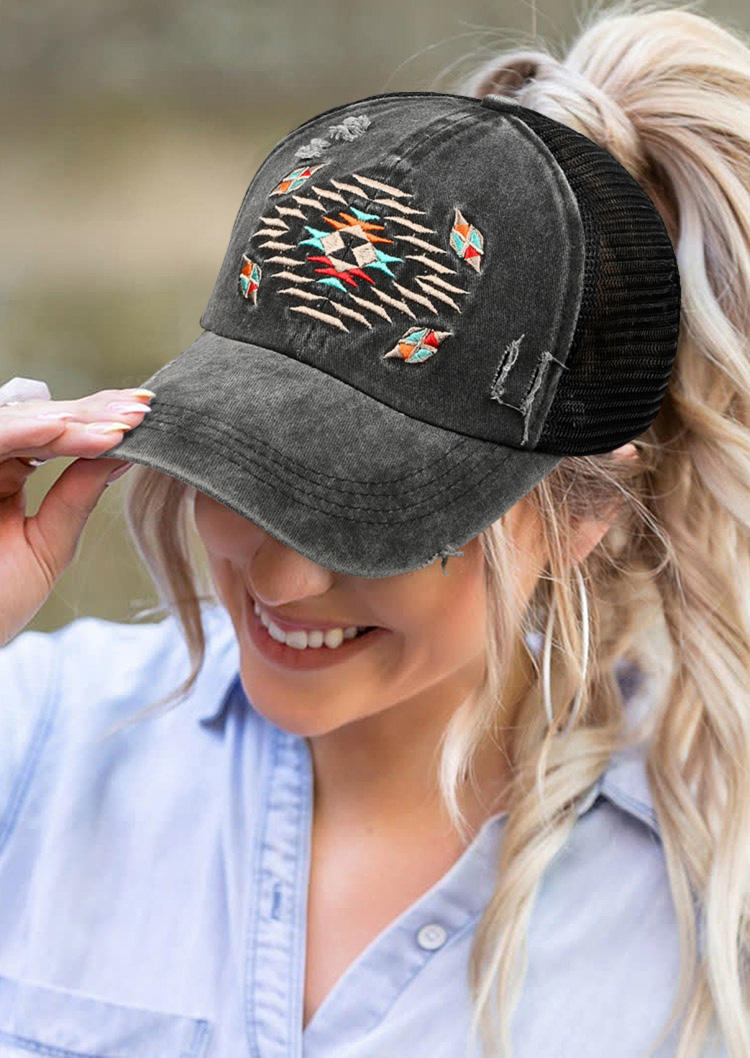 

Hats Aztec Geometric Ripped Baseball Cap in Black. Size