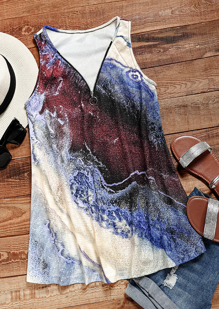 

Tank Tops Marble Graphic Zipper Collar Tank Top in Multicolor. Size