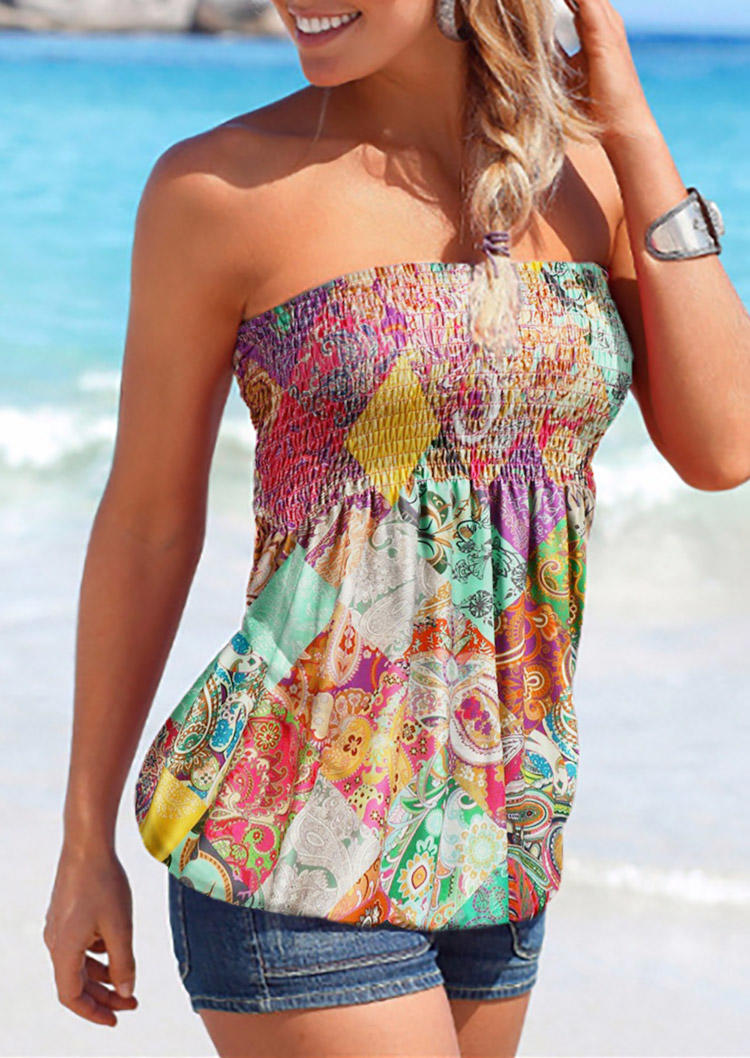 

Tank Tops Ethnic Smocked Strapless Bandeau Tank Top in Multicolor. Size