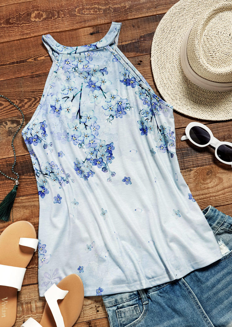 

Tank Tops Floral Oil Painting O-Neck Camisole - Light Blue in Blue. Size