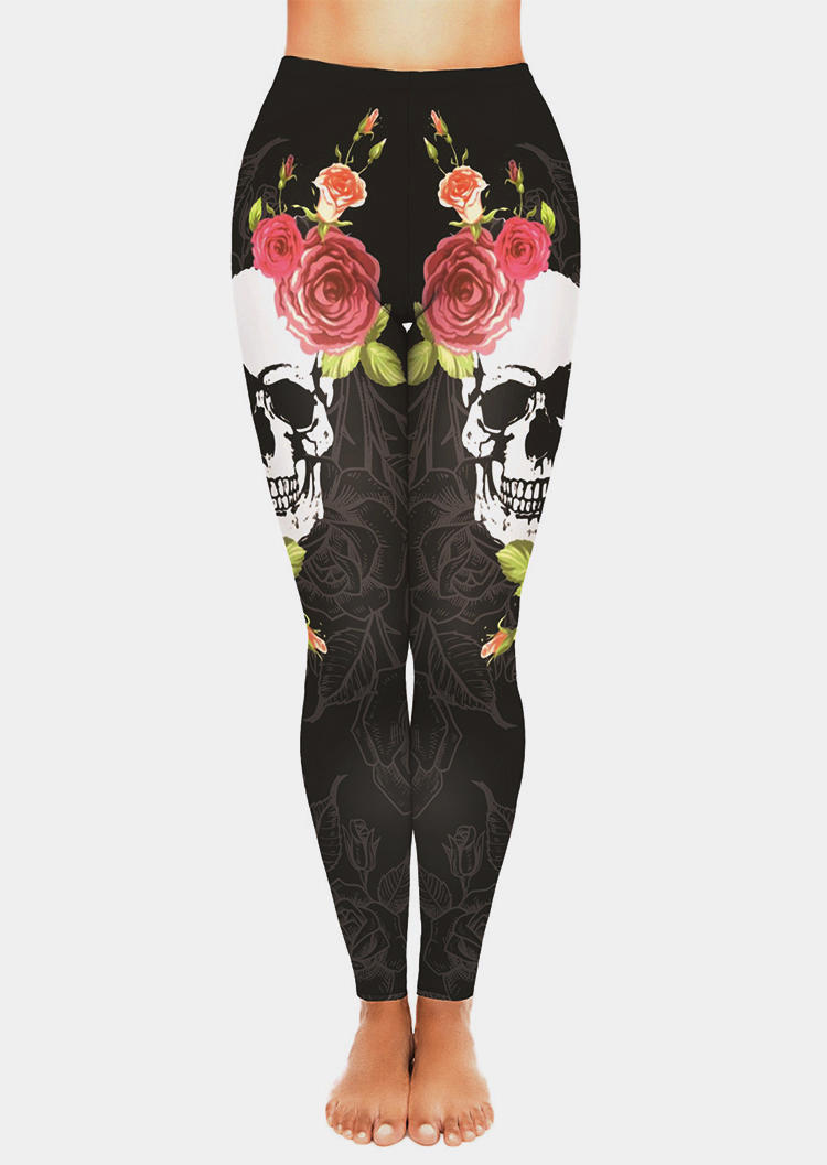 

Leggings Floral Skeleton Elastic Waist Leggings in Multicolor. Size