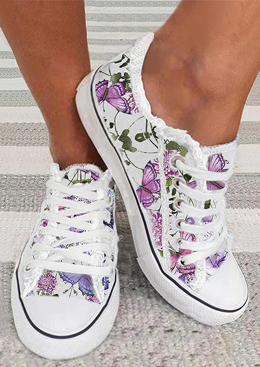 

Sneakers Floral Butterfly Lace Up Flat Sneakers in White. Size