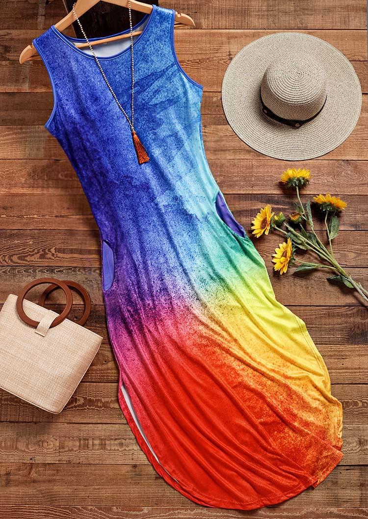 Maxi Dresses Gradient Pocket Slit Sleeveless Maxi Dress in Multicolor. Size: M