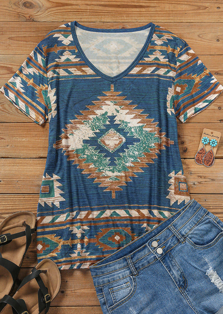 

Blouses Aztec Geometric V-Neck Blouse in Blue. Size