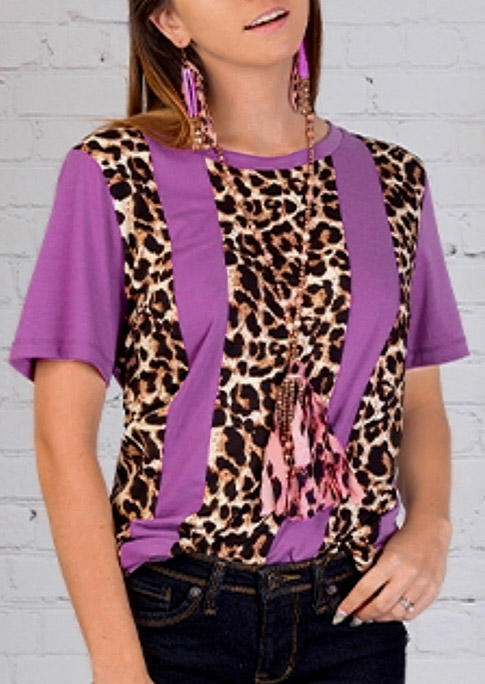 Blouses Leopard Color Block O-Neck Blouse in Multicolor. Size: L,M,S,XL