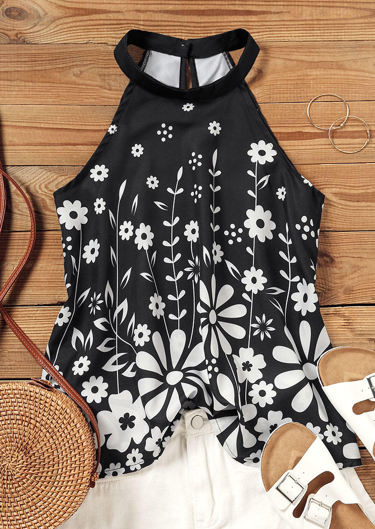 

Tank Tops Floral Hollow Out Button Camisole in Black. Size