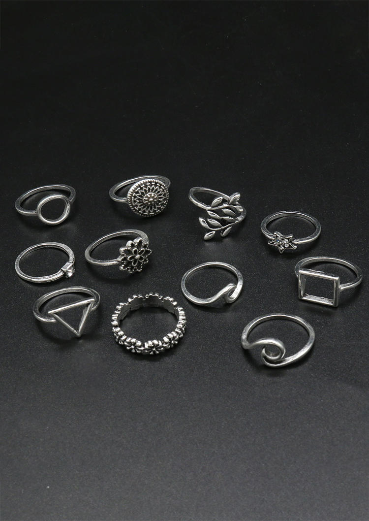 

Rings 11Pcs Leaf Floral Star Hollow Out Ring Set in Silver. Size