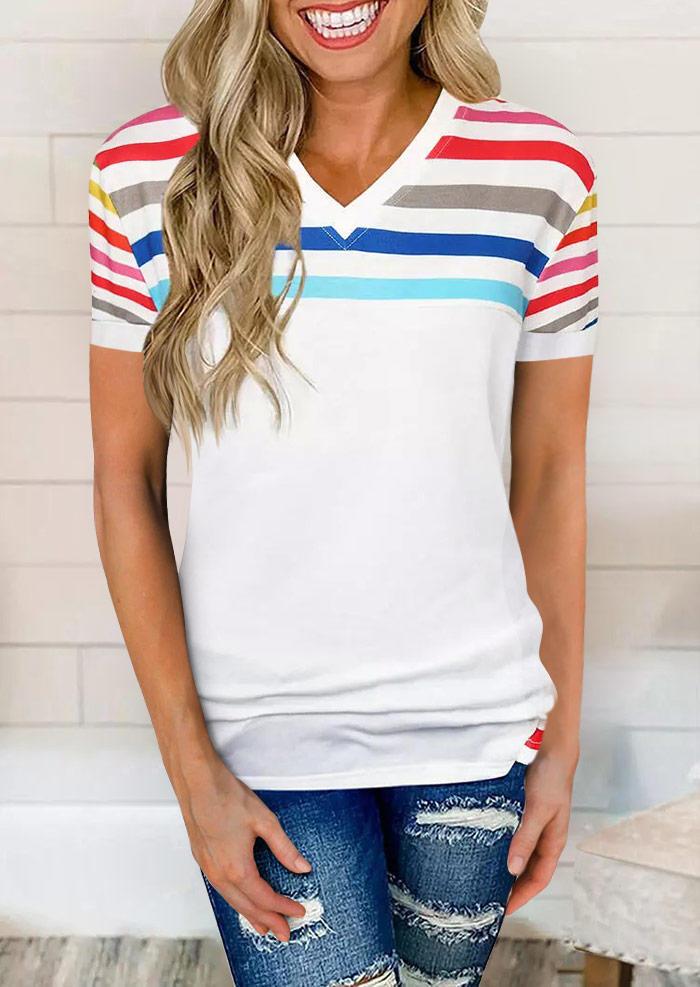 Blouses Colorful Striped Button Short Sleeve Blouse in White. Size: M,S,XL
