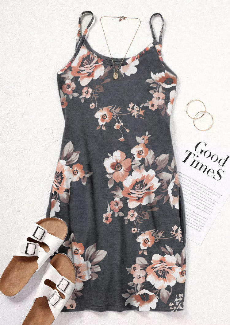 

Mini Dresses Floral Pocket Spaghetti Strap Mini Dress in Gray. Size