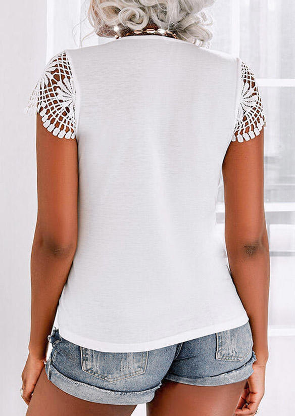 

Blouses Lace Splicing Hollow Out V-Neck Blouse in White. Size: ,M,L,XL