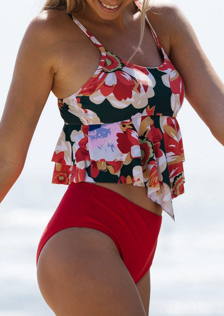 

Tankinis Floral Ruffled Spaghetti Strap Tankini Set in Red. Size: ,M,L,XL