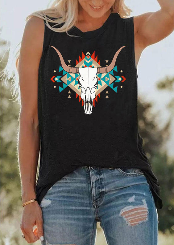 

Tank Tops Steer Skull Aztec Geometric Casual Tank Top in Black. Size