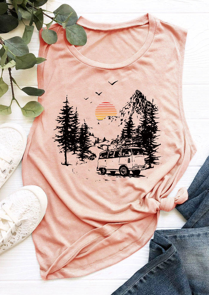 Tank Tops Outdoor Adventure Camping Sunrise Tank Top in Pink. Size: L