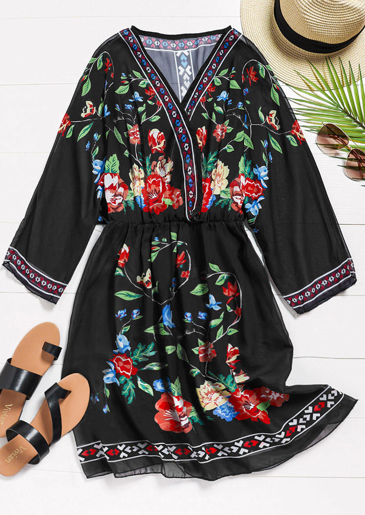 

Mini Dresses Ethnic Floral Wrap V-Neck Mini Dress in Black. Size: ,M,L,XL