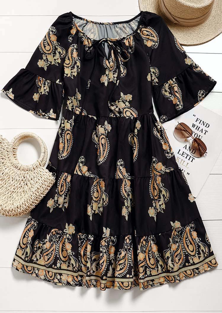 

Mini Dresses Paisley Hollow Out Tie Flare Sleeve Mini Dress in Black. Size