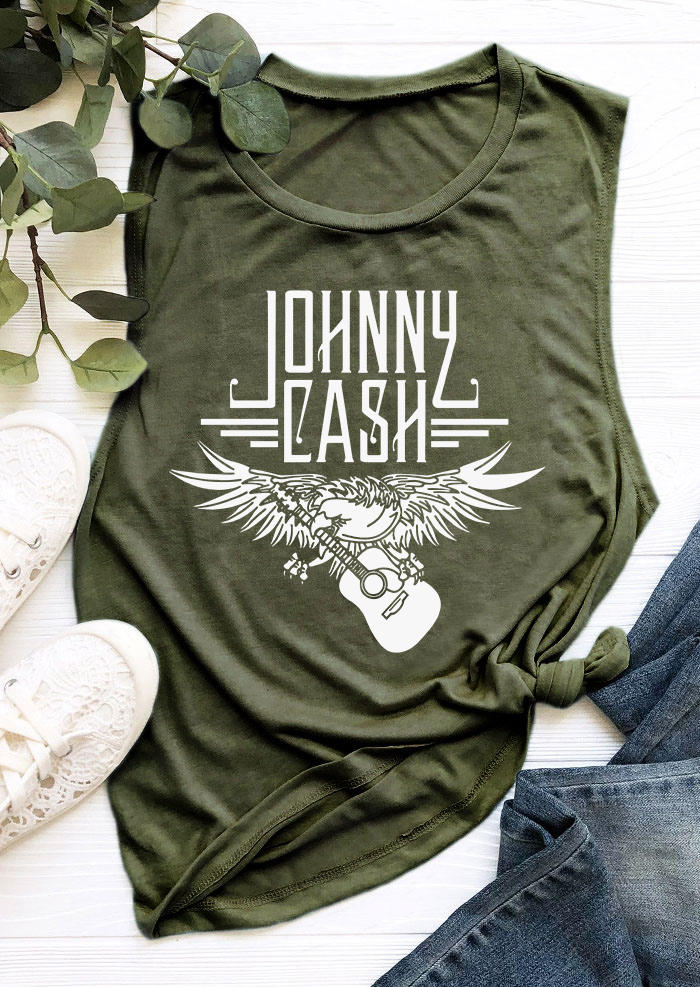 Tank Tops Johnny Cash Guitar O-Neck Tank Top in Green. Size: L