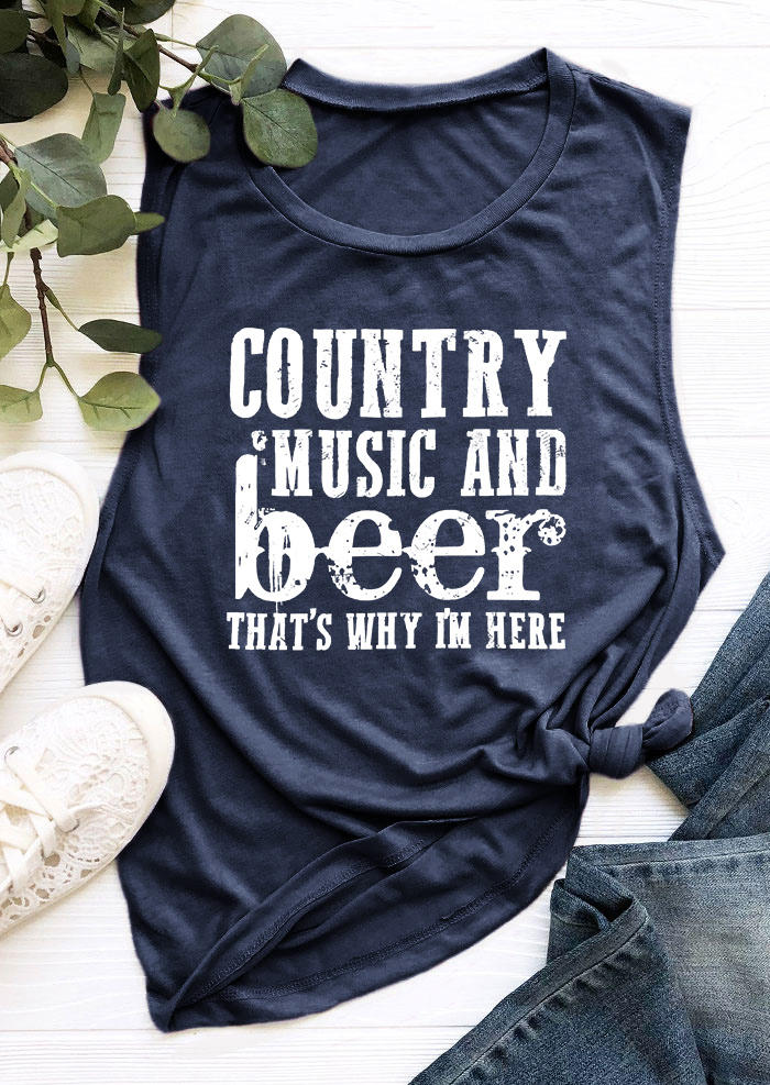 Tank Tops Country Music And Beer That's Why I'm Here Tank Top - Navy Blue in Blue. Size: S