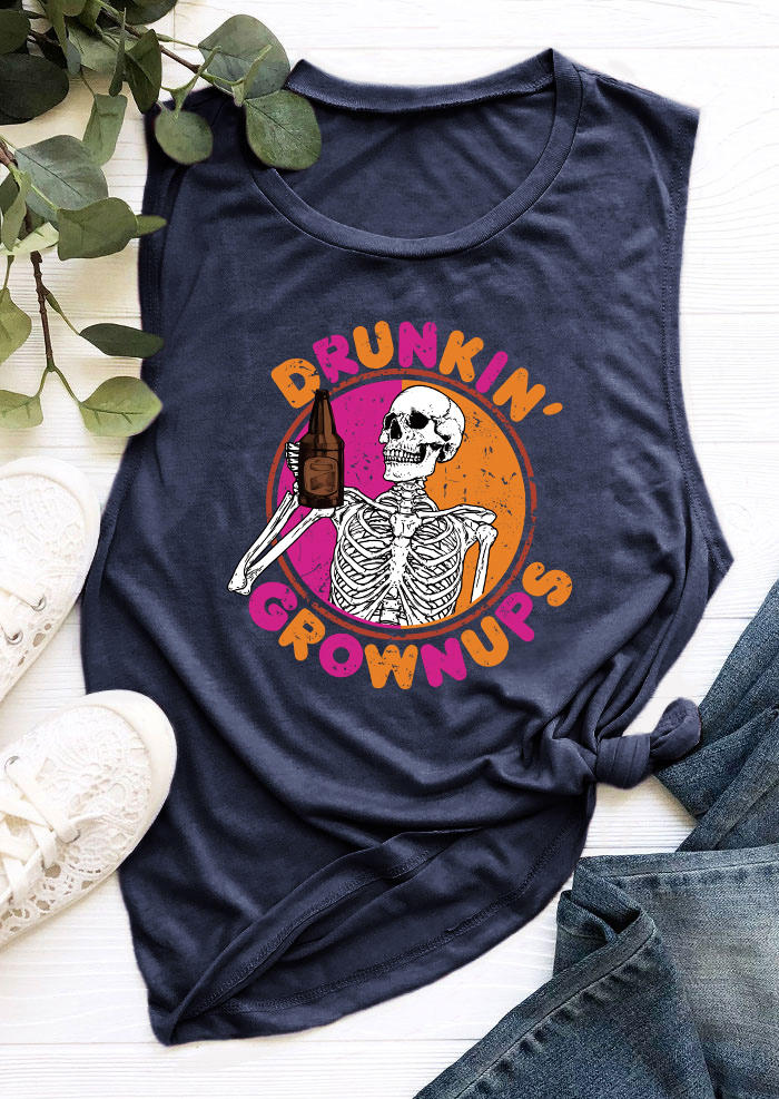 

Tank Tops Drunkin' Grownups Skeleton O-Neck Tank Top - Navy Blue in Blue. Size
