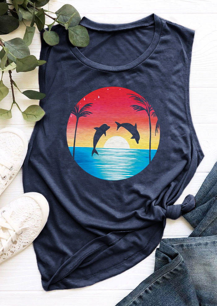 

Tank Tops Dolphin Sunrise Coconut Tree Tank Top in Navy Blue. Size