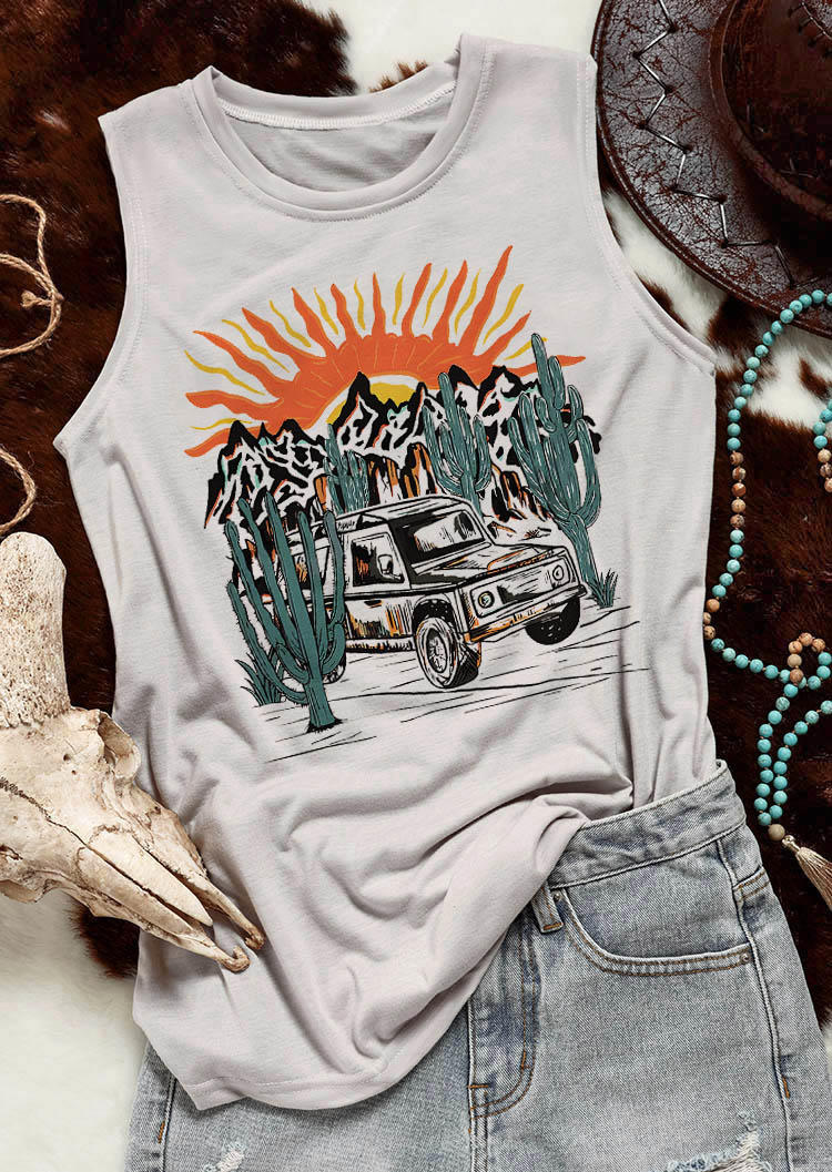 Tank Tops Sunset Cactus Mountain O-Neck Tank Top in Apricot. Size: L,XL