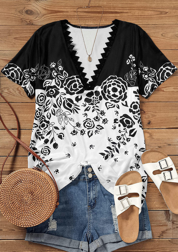 Floral Lace Splicing Short Sleeve Blouse - Black