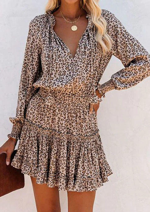 Leopard Ruffled Long Sleeve Mini Dress