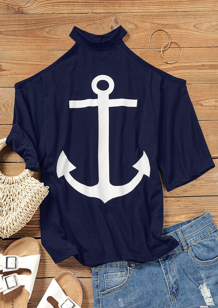 

Blouses Anchor Hollow Out Cold Shoulder Blouse in Navy Blue. Size: ,M,L,XL