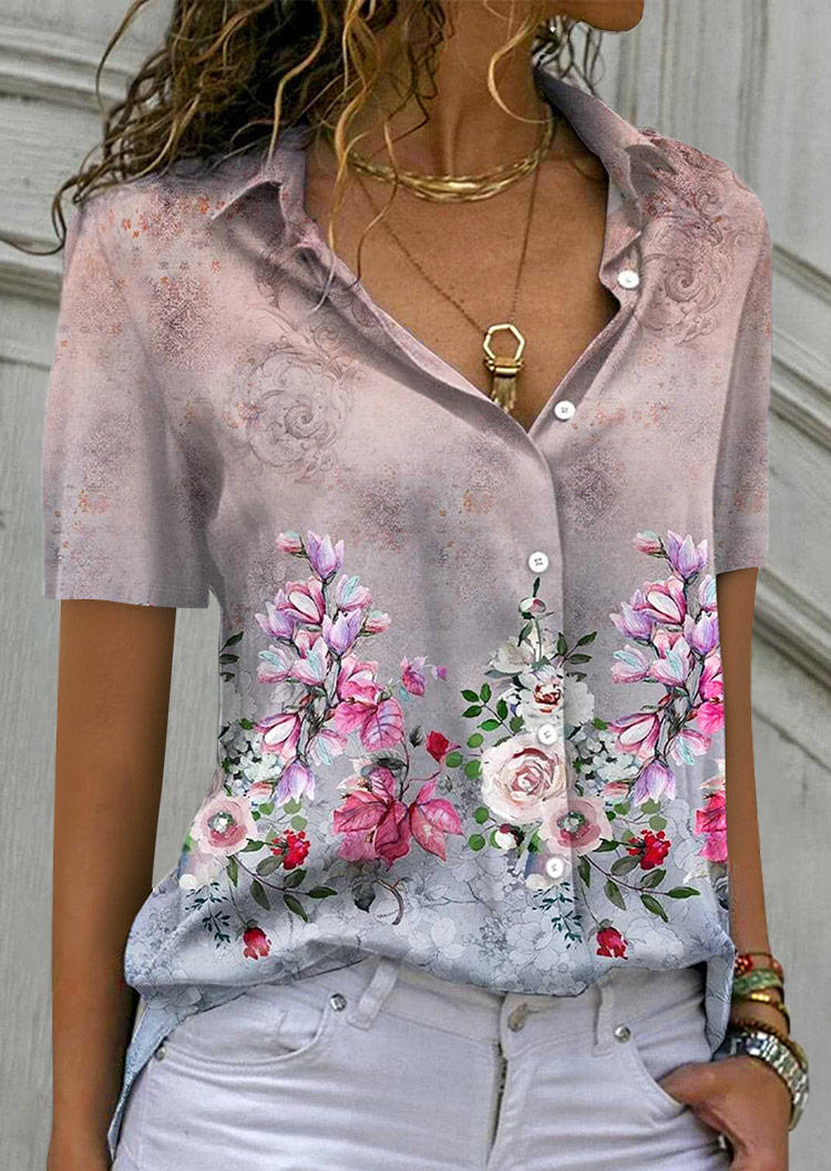 

Shirts Floral Gradient Button Short Sleeve Shirt in Light Pink. Size: ,M,L,XL