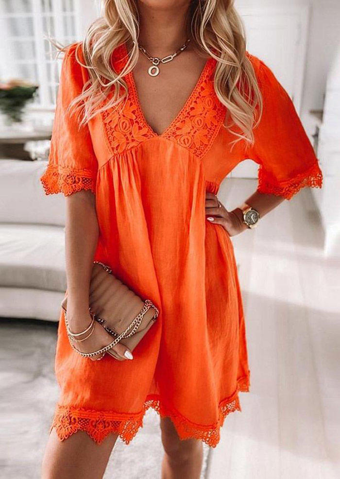 

Mini Dresses Lace Splicing V-Neck Mini Dress in Orange. Size