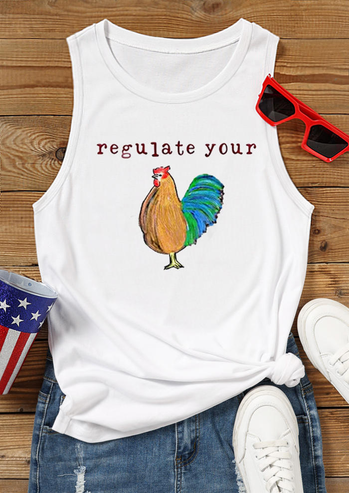 Tank Tops Regulate Your Rooster O-Neck Tank Top in White. Size: M,S,XL