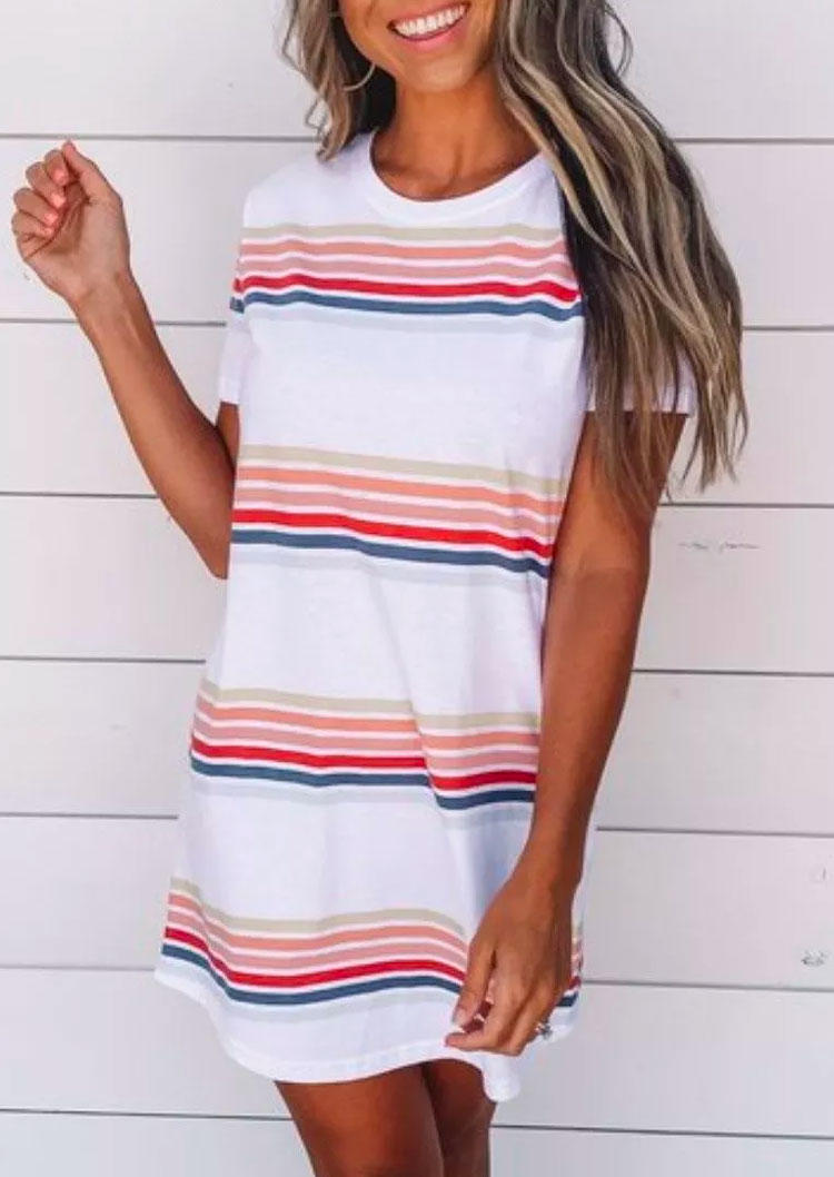 

Mini Dresses Colorful Striped O-Neck Casual Mini Dress in Stripe. Size: ,M,L,XL
